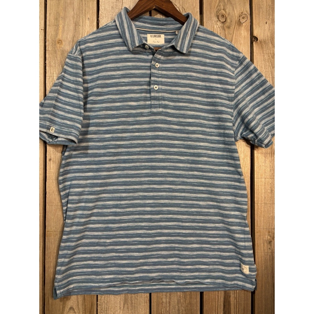 Linksoul Men's L‎ Striped 💙🤍Luxury Cotton Polo Blue White Golf Shirt